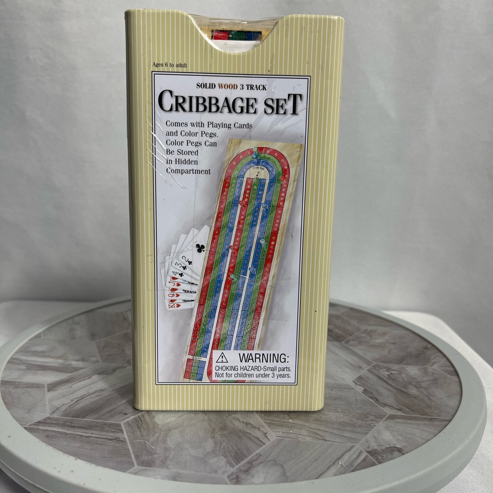Vintage 2003 Solid Wood 3-Track Cribbage Game Set w/ Cards & Pegs, Target